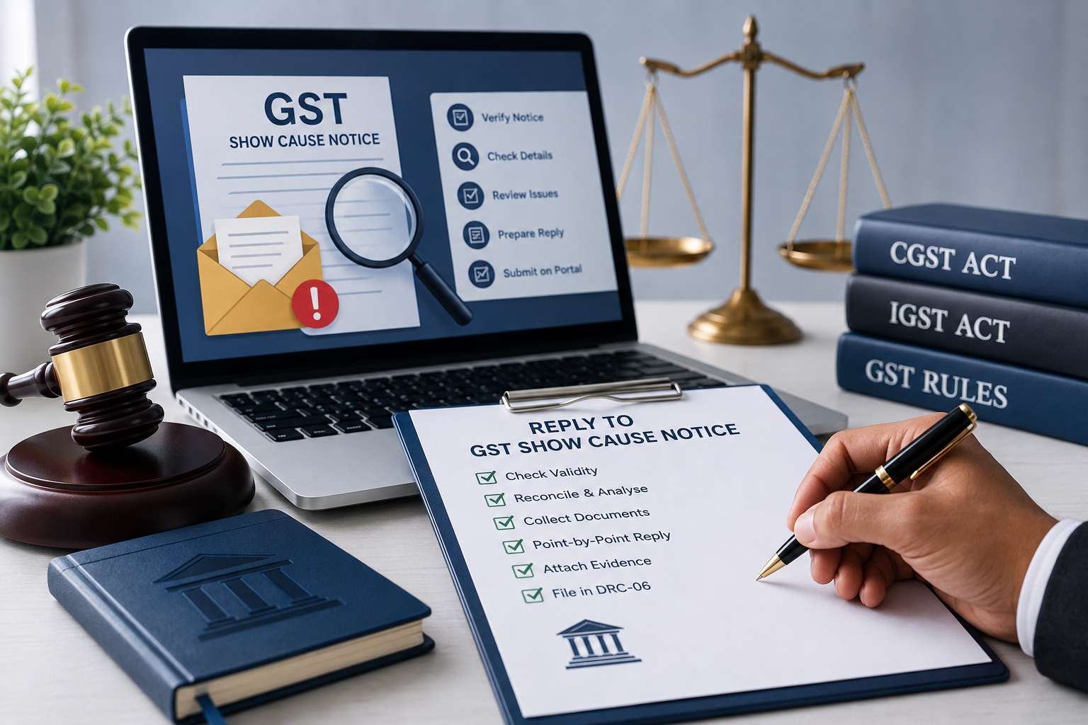Timeline graphic showing GST show cause notice stages from DRC-01A intimation to DRC-06 reply to DRC-07 order